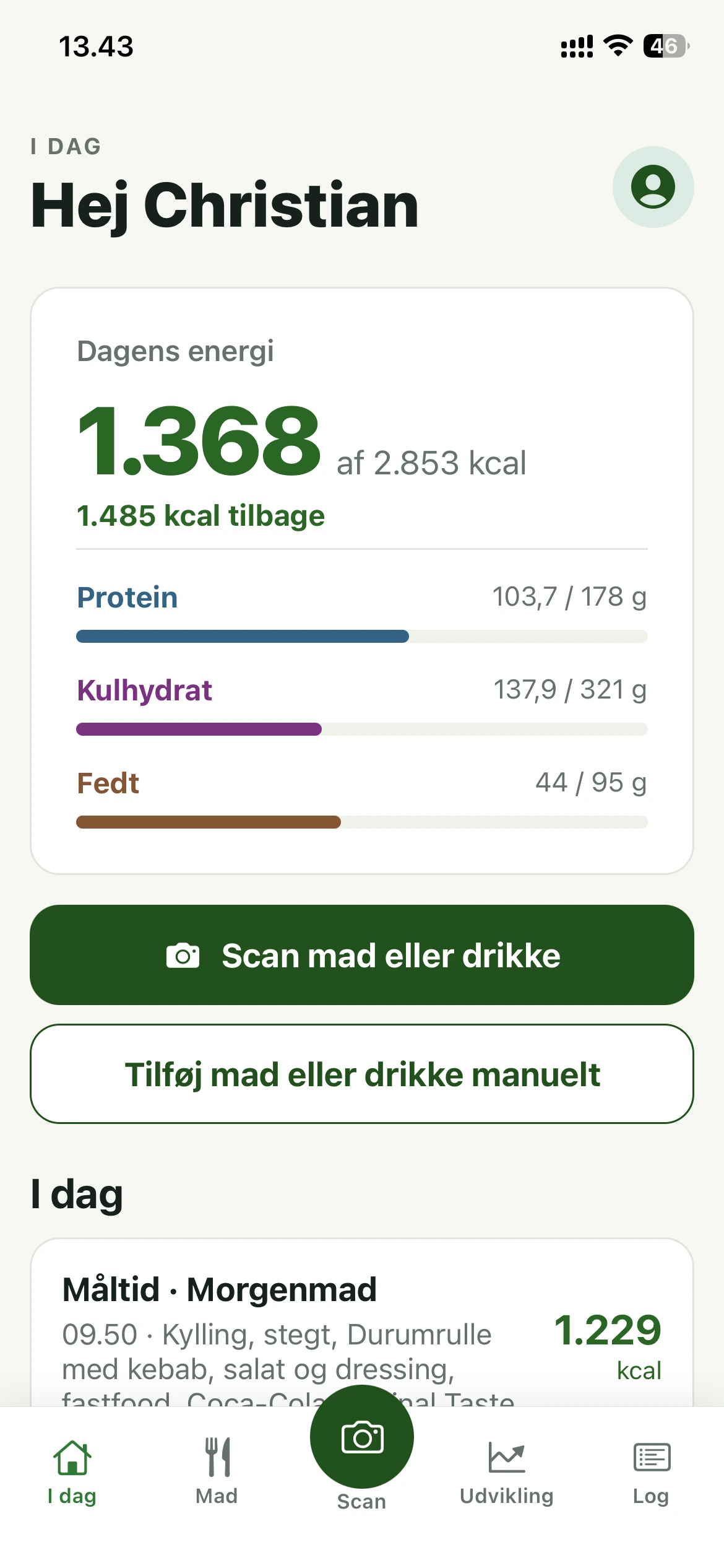 MadScan kalorie app med kalorier og makroer samlet på forsiden